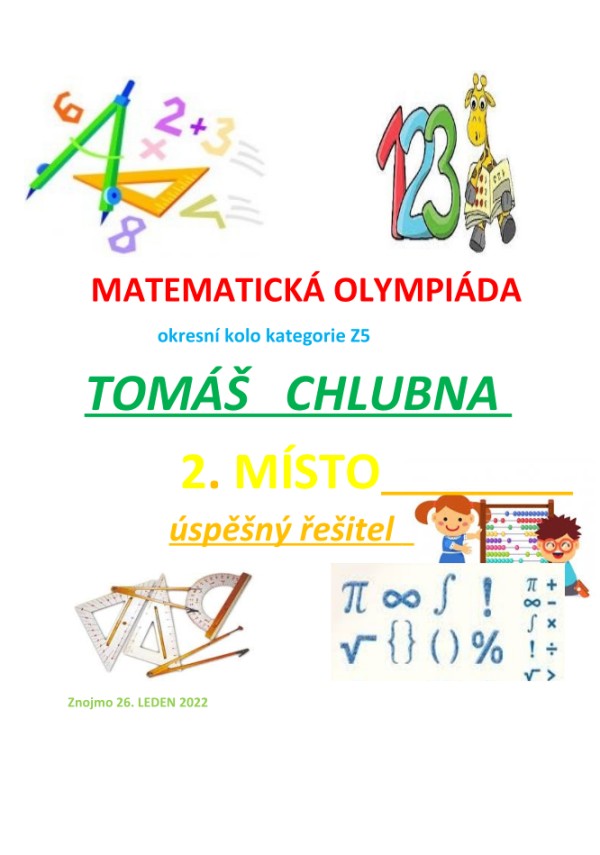 Diplom matematická olympiáda Tomáš Chlubna 2. místo