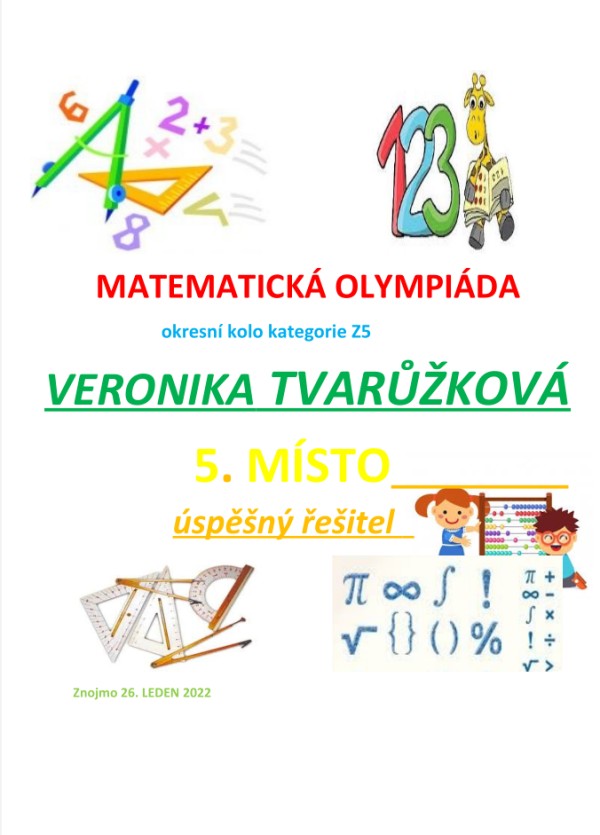Diplom matematická olympiáda Veronika Tvarůžková 5. místo