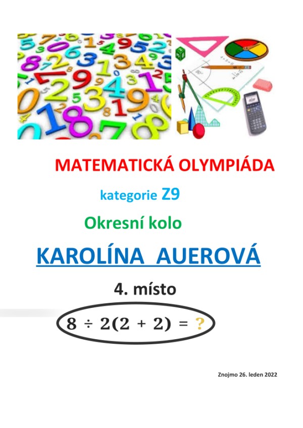 Diplom matematická olympiáda Karolína Auerová 4. místo