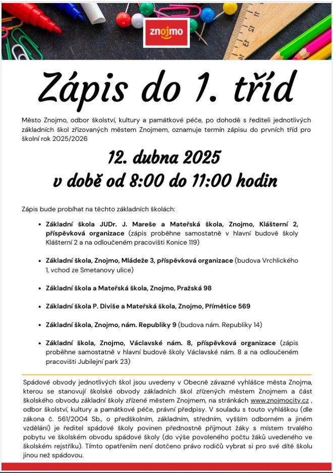 Zápis do 1. tříd pro školní rok 2025/2026