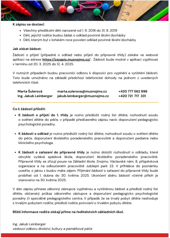 Zápis do 1. tříd pro školní rok 2025/2026