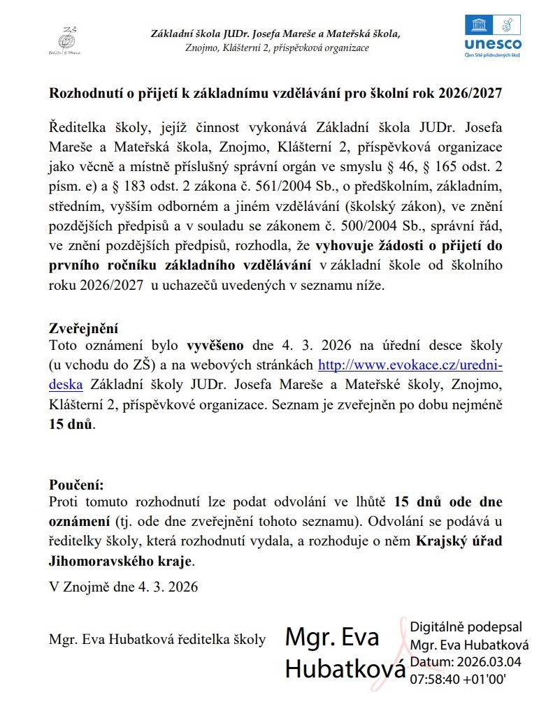 Rozhodnutí o přijetí k základnímu vzdělávání pro školní rok 2026/2027